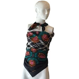 Diane Von Furstenberg Colorful Black Multi Paisley and Plaid Square Silk Scarf